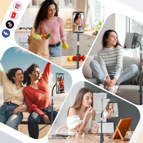 Vista 6 de Aureday Soporte de Piso para iPad, Soporte Trípode para iPad de Altura Ajustable de 67", Soporte para Tablet con Soporte Extensible para iPad mini