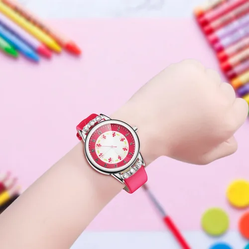 Vista 5 de PASNEW Reloj analógico clásico de cuarzo para niños, impermeable, con esfera de flores, correa de cuero