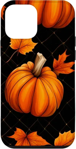 Vista 12 de iPhone 14 calabazas negro y naranja cuadros otoño hojas otoño Halloween caso