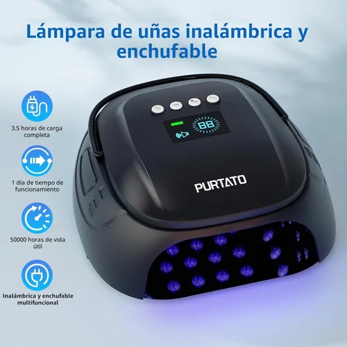 Vista 3 de Purtato Lámpara de uñas LED UV recargable inalámbrica de 126 W con gran espacio, mango y reposapiés, secador de uñas de gel de curado rápido con 4