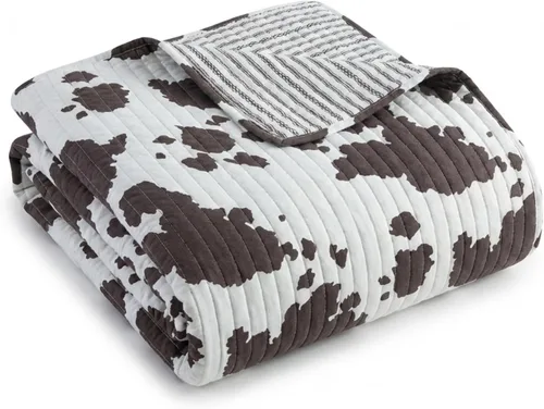Vista 3 de Bessie - Colcha tamaño King, ropa de cama de algodón occidental con estampado de vaca marrón y blanca, colcha reversible, 106 x 92 pulgadas