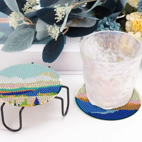 Vista 5 de Juego de 8 posavasos de arte de diamante para adultos con soporte de almohadillas de corcho, paisaje abstracto de bricolaje, arte de diamantes