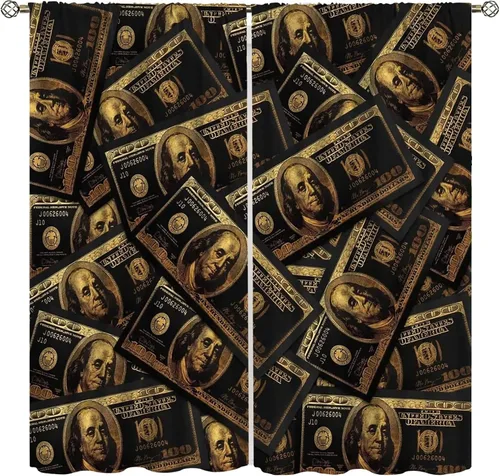 Vista 11 de Cortinas de dinero, divertidas decoraciones temáticas de billetes de 100 dólares, decoración temática de billetes de dólar, sala de estar, Dólar-1