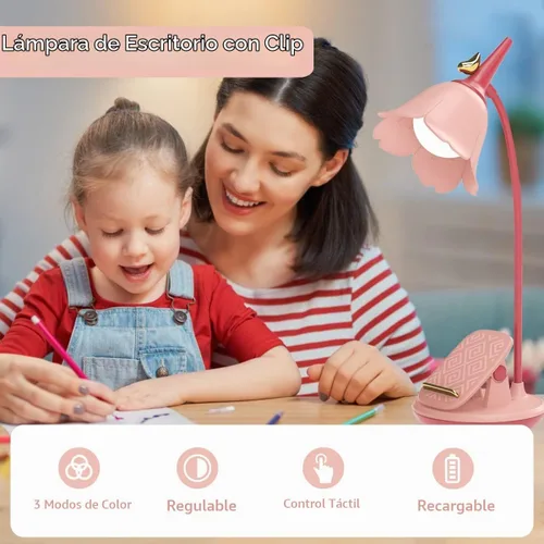 Vista 3 de Lámpara de escritorio rosa con abrazadera, lámpara LED pequeña recargable, cuello de cisne ajustable, regulable, linda para dormitorio de niñas