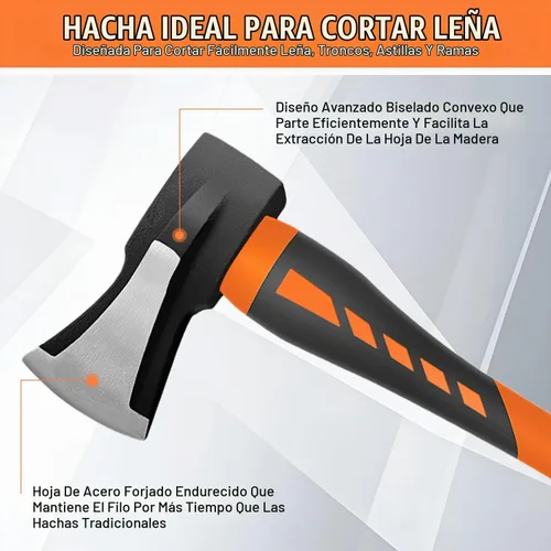 Vista 3 de Hacha de corte, hacha de mano, hacha de campamento para dividir leña y cortar ramas, hacha de cortar madera de 5.5 lb con mango de fibra de vidrio