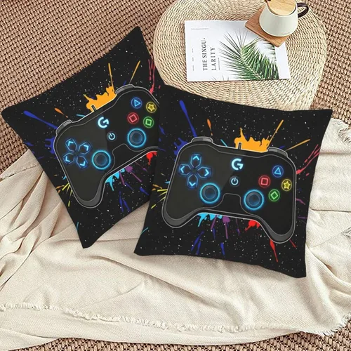 Vista 6 de Perinsto Juego de 2 fundas de almohada con joystick con diseño de juego para jugadores, fundas de almohada decorativas suaves para sofá, cama Juego