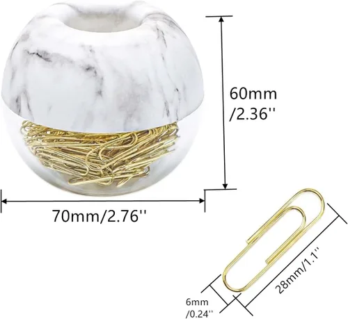 Vista 2 de 100 clips de papel dorados de 0.116 pulgadas (1.102 in), tamaño mediano en mármol blanco, dispensador de clips redondos, estuche de almacenamiento