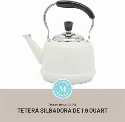 Vista 2 de Martha Stewart Kingstree - Tetera grande de acero inoxidable de calibre pesado de 2 cuartos de galón, lino blanco exterior