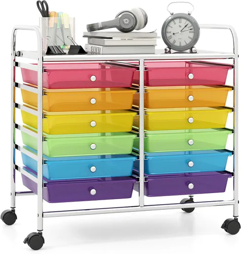 Vista 31 de Giantex Carrito con ruedas de 12 cajones, carrito de almacenamiento móvil con cajones, carrito organizador de aula para suministros escolares