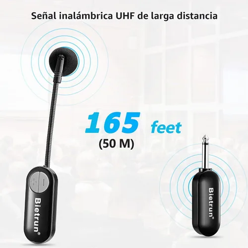 Vista 2 de Bietrun Auriculares inalámbricos con enchufe de 1/4 pulgadas, rango de 165 pies, micrófono inalámbrico UHF y micrófono de mano 2 en 1, para altavoz
