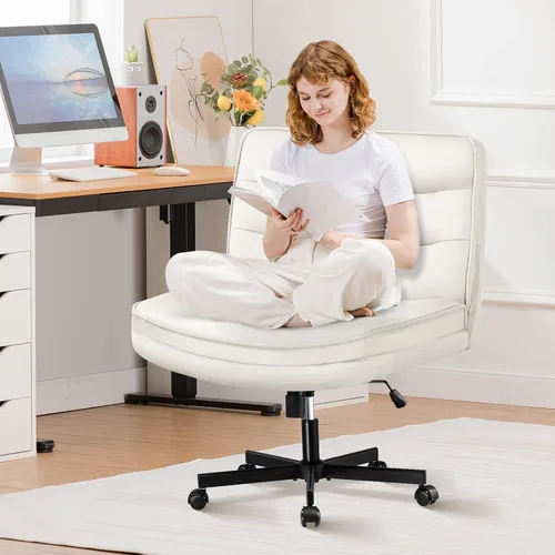 Vista 9 de GTPLAYER Silla de oficina con patas cruzadas con ruedas, silla de escritorio extra ancha sin brazos cómoda para el hogar y dormitorio, cojín de 2