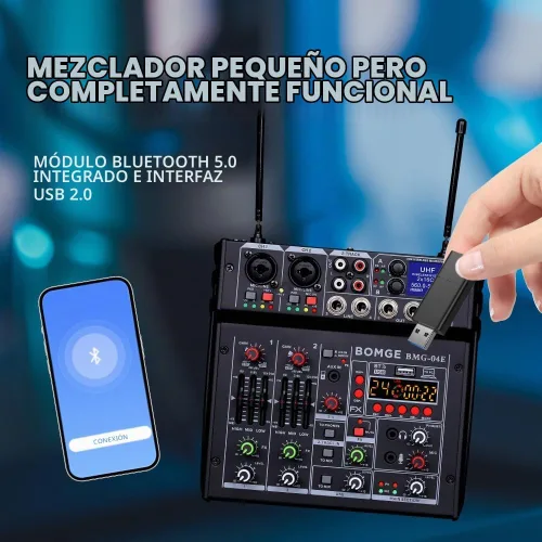 Vista 3 de BOMGE 04E mezclador de audio de karaoke, mezclador de 4 canales con micrófono inalámbrico UHF dual de 329 pies, consola de tablero de sonido
