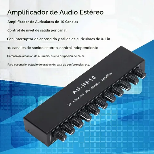 Vista 2 de Amplificador de auriculares de 10 canales Divisor de auriculares 1 entrada 10 salidas estéreo divisor de audio control independiente DC 12V