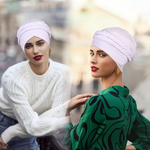 Vista 3 de Gorras de turbante africanas para mujer, gorro con torsión, preatado, doble trenza