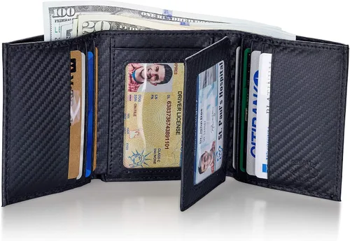 Vista 26 de Stealth Mode Cartera de cuero triple RFID para hombres con soporte de identificación abatible (negro)