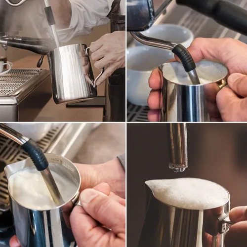 Vista 5 de Jarra de espuma de leche de 20 onzas de acero inoxidable - Jarra de crema para vaporizar espresso y café capuchino - Jarra de espuma de leche