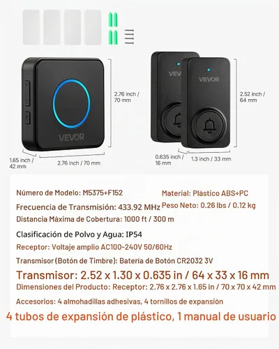 Vista 7 de VEVOR Kit de timbre inalámbrico, IP54 resistente al agua con rangos de hasta 1000 pies, 5 volúmenes ajustables, 48 tonos de llamada, fácil