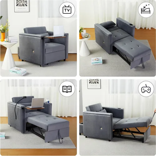 Vista 4 de weselon Silla Cama Convertible de Terciopelo, Silla de Descanso Multifuncional 3 en 1, Sofá Cama Extraíble para Huéspedes con Mesa Oculta y Respaldo