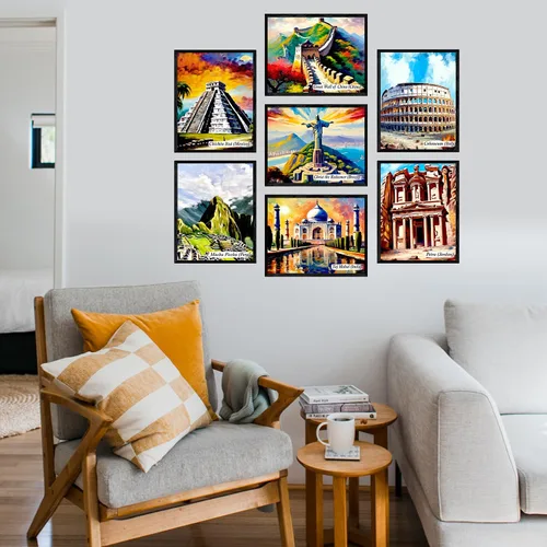Vista 3 de Decoración de pared de las Siete Maravillas del Mundo, juego de 7 famosos carteles de ciudad de viaje, impresiones de 8 x 10 pulgadas, sin marco
