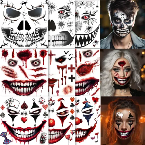 Vista 7 de 5 hojas de tatuajes faciales aterradores de Halloween + 1 hoja de tatuaje de cicatrices falsas, tatuaje de boca sangrienta, maquillaje de zombi