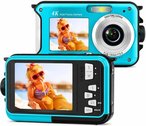 Vista 9 de Acuvar Cámara submarina de 48MP con tarjeta de 32 GB – Cámara digital impermeable de 11 pies, selfie de doble pantalla, enfoque automático, cámara