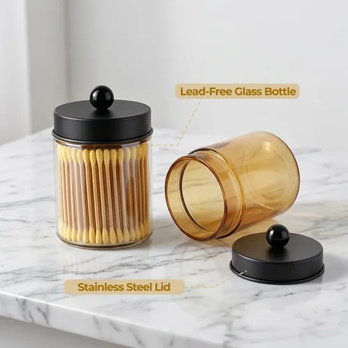 Vista 3 de Amolliar Juego de 2 organizadores de almacenamiento de vidrio para tocador de baño, recipiente de encimera con tapas de metal y calcomanías, tarros