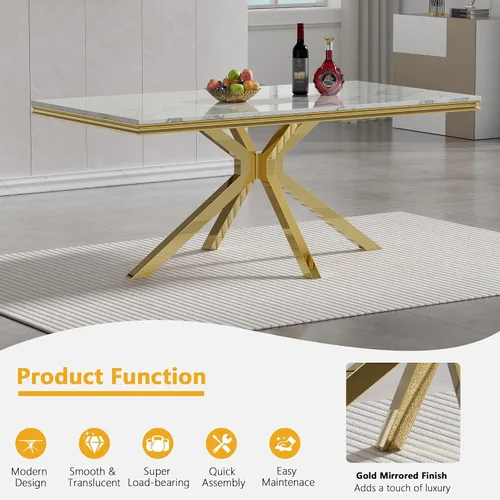 Vista 3 de Juego de mesa de comedor de mármol para 6, mesa de cocina rectangular de mármol blanco de 68 pulgadas con patas en X de acero inoxidable dorado