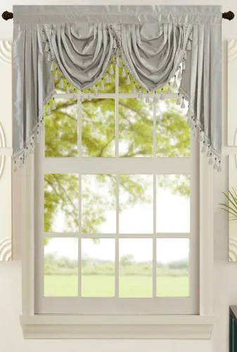 Vista 4 de All American Collection Nueva Cenefa de Cascada Doble de Seda Sintética Sólida Adjunta con Colas (55" x 32", Cenefa Beige)