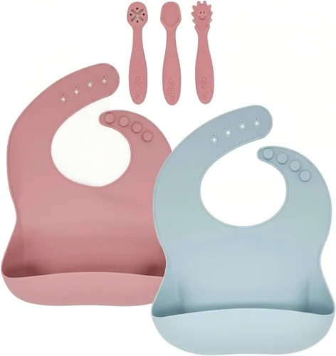 Vista 9 de Baberos de silicona para bebés, 2 unidades, con cucharas de silicona para bebés, impermeables, suaves