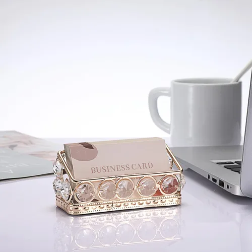 Vista 4 de Hipiwe Paquete de 2 soportes para tarjetas de visita de cristal de metal dorado para escritorio, oficina, organizador de almacenamiento de tarjetas