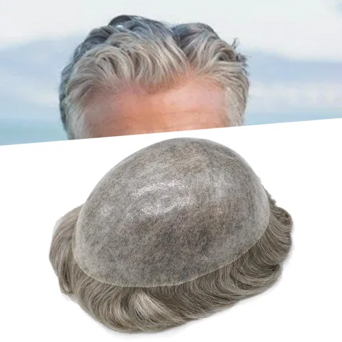 Vista 8 de Toupee para hombres Sistema de reemplazo de cabello humano PU piel fina V-looped Hair Piece Nature Hair System para hombre Toupee 6X8#1B Off Black