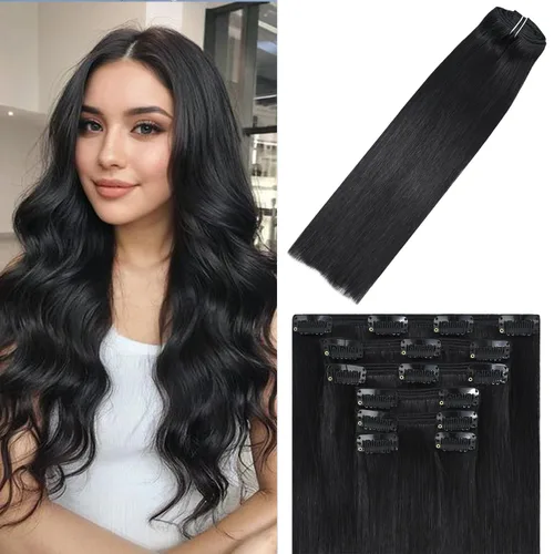 Vista 20 de WindTouch - Extensiones de cabello humano liso con pinzas, color negro azabache, 2.47 onzas, N.° 1, 12 pulgadas, 7
