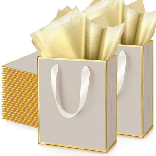 Vista 34 de Yeaqee Paquete de 100 bolsas metálicas de regalo con asa y papel de seda de papel de seda dorado para graduación, boda, padrinos de boda, regalos