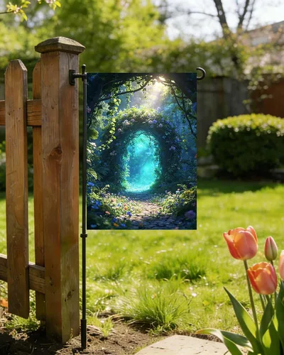Vista 4 de Bandera de paisaje de fantasía, cuento de hadas, bosque, flores, puerta, jardín, patio, 12 x 18 pulgadas, poliéster de doble cara, bandera