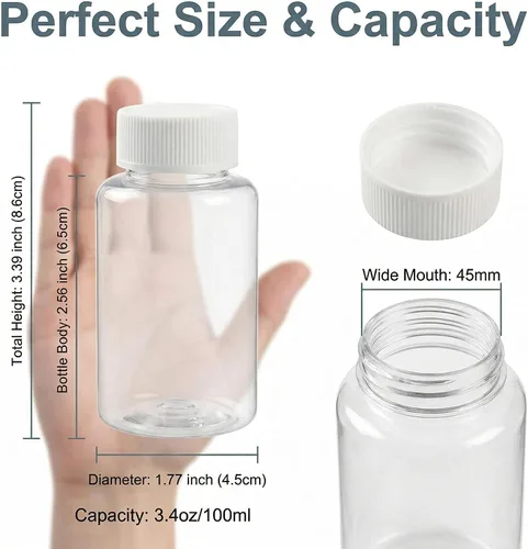 Vista 2 de 12 botellas transparentes de plástico de 3.3 onzas líquidas, contenedor vacío con tapa de rosca blanca, estuche de polvo sólido, soporte