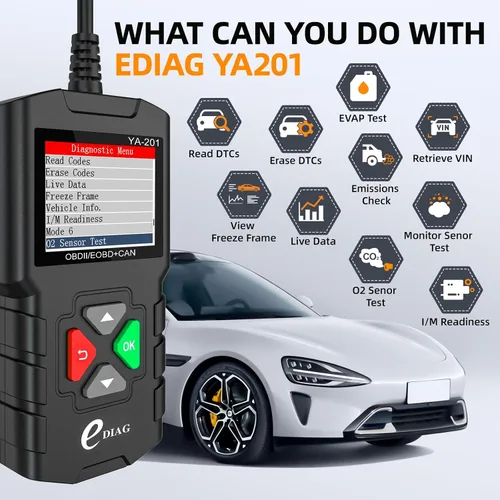 Vista 8 de YA-201 Escáner Obd2, lector de códigos de motor con todos los modos OBD2 después de 1996 para todos los coches OBDII/EOBD/KOBD/CAN, sensor O2