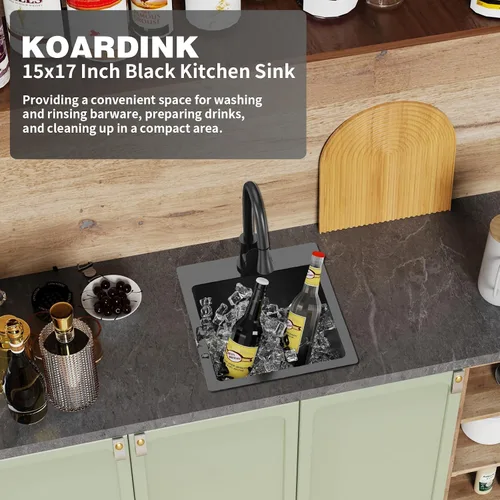 Vista 2 de Fregadero Negro de Cocina y Bar, Fregadero de Cocina de Acero Inoxidable de 15 x 17 Pulgadas para Empotrar, Fregadero de Bar Moderno de Un Solo