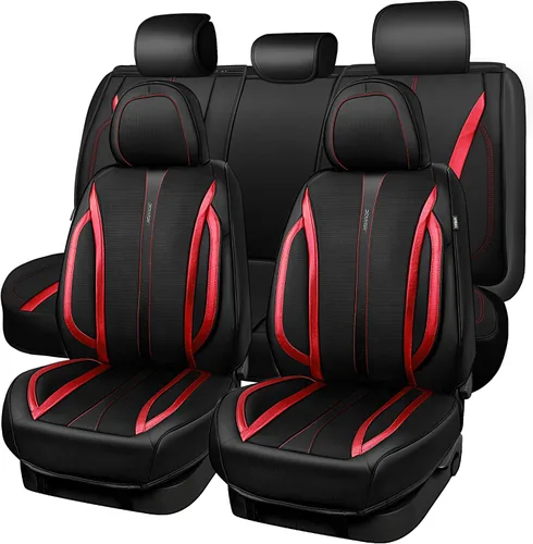 Vista 17 de CAR PASS Fundas de cuero beige para asiento de automóvil, juego completo de fundas de asiento automotriz transpirables e impermeables, cojín