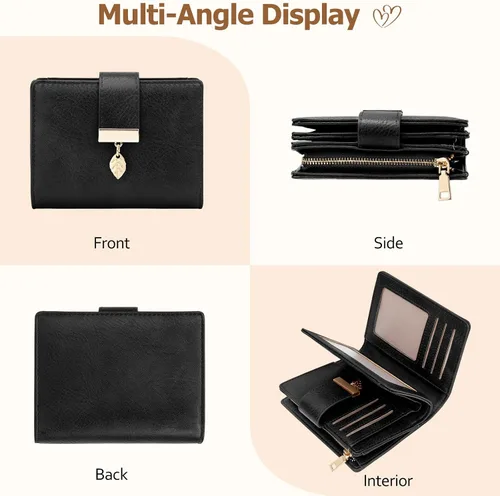 Vista 7 de HUANLANG Carteras pequeñas para mujer, con bloqueo Rfid, de cuero, plegable, tarjetero para tarjetas de crédito, cartera para mujer, bolsillo