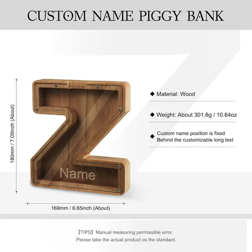 Vista 2 de Alcancía con nombre personalizado, 26 letras láser con texto personalizado, banco de monedas de madera, significado educativo, alcancía con nombre