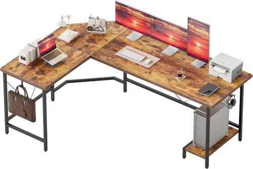 Vista 19 de Mericonia Escritorio para Computadora en Forma de L con Tomas de Corriente, Escritorio de Juegos Reversible con Estantes de Almacenamiento y Soporte