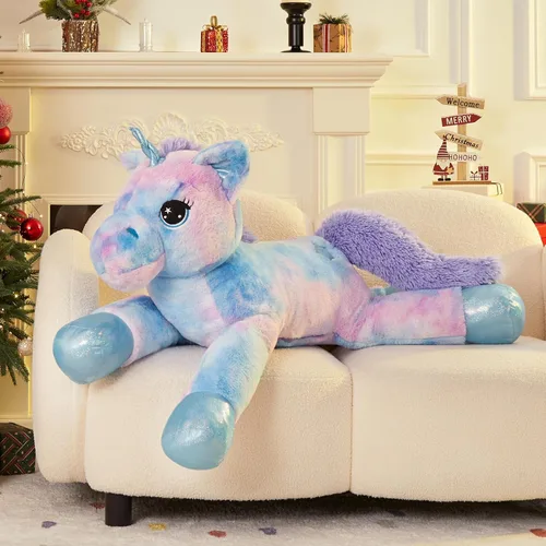 Vista 8 de Muiteiur Animal de peluche de unicornio de 31.6 pulgadas, unicornio de peluche grande para niñas, almohada de felpa suave, regalos para niñas y Azul