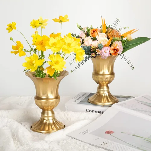 Vista 7 de Jarrones dorados para centros de mesa de boda, juego de 2 jarrones de metal, pequeños centros de mesa, arreglos de flores para boda, recepción