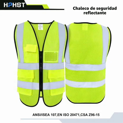 Vista 3 de Chaleco de seguridad reflectante de alta visibilidad con 5 bolsillos, cremallera frontal, cumple con las normas ANSI/ISEA Malla amarilla