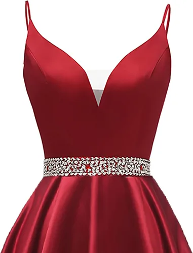 Vista 4 de Yexinbridal Vestido corto de satén con tirantes delgados con cuello en V con cuentas para fiesta de noche