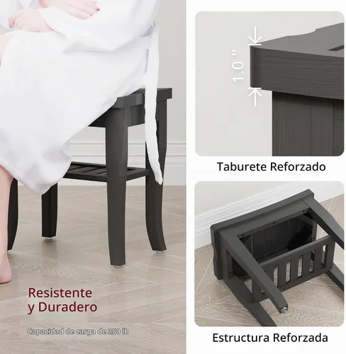 Vista 4 de Banco de ducha de bambú, taburete de ducha pequeño de spa para ducha interior, impermeable, asiento de baño con estante de almacenamiento para Negro