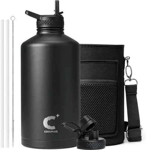 Vista 12 de Coolplus - Botella de agua de 32 onzas aislada, termo de agua de acero inoxidable con popote de metal de doble pared al vacío con funda de Negro