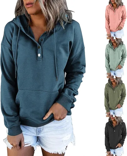 Vista 4 de Gerichy Sudaderas con capucha para mujer, estilo casual, con botones, con cordón, de manga larga, para otoño, sudaderas