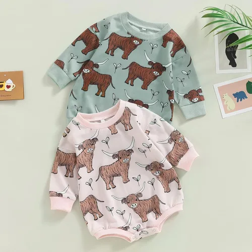 Vista 2 de Ropa occidental para bebé, niño, niña, sudadera con estampado de vaca de las tierras altas, mameluco de burbujas, traje de vaquero para bebé