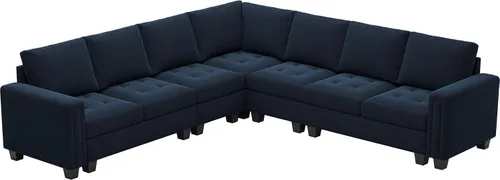 Vista 7 de Belffin Sofá modular de terciopelo en forma de L, sofá seccional convertible de gran tamaño con diván reversible para sala de estar, azul
